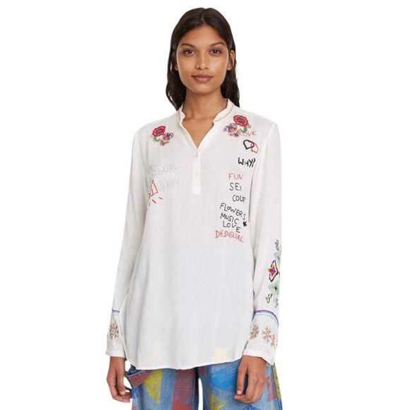 Desigual Art to Wear Embroidered Tunic Top Long Sleeve White Size Medium - Picture 3 of 11